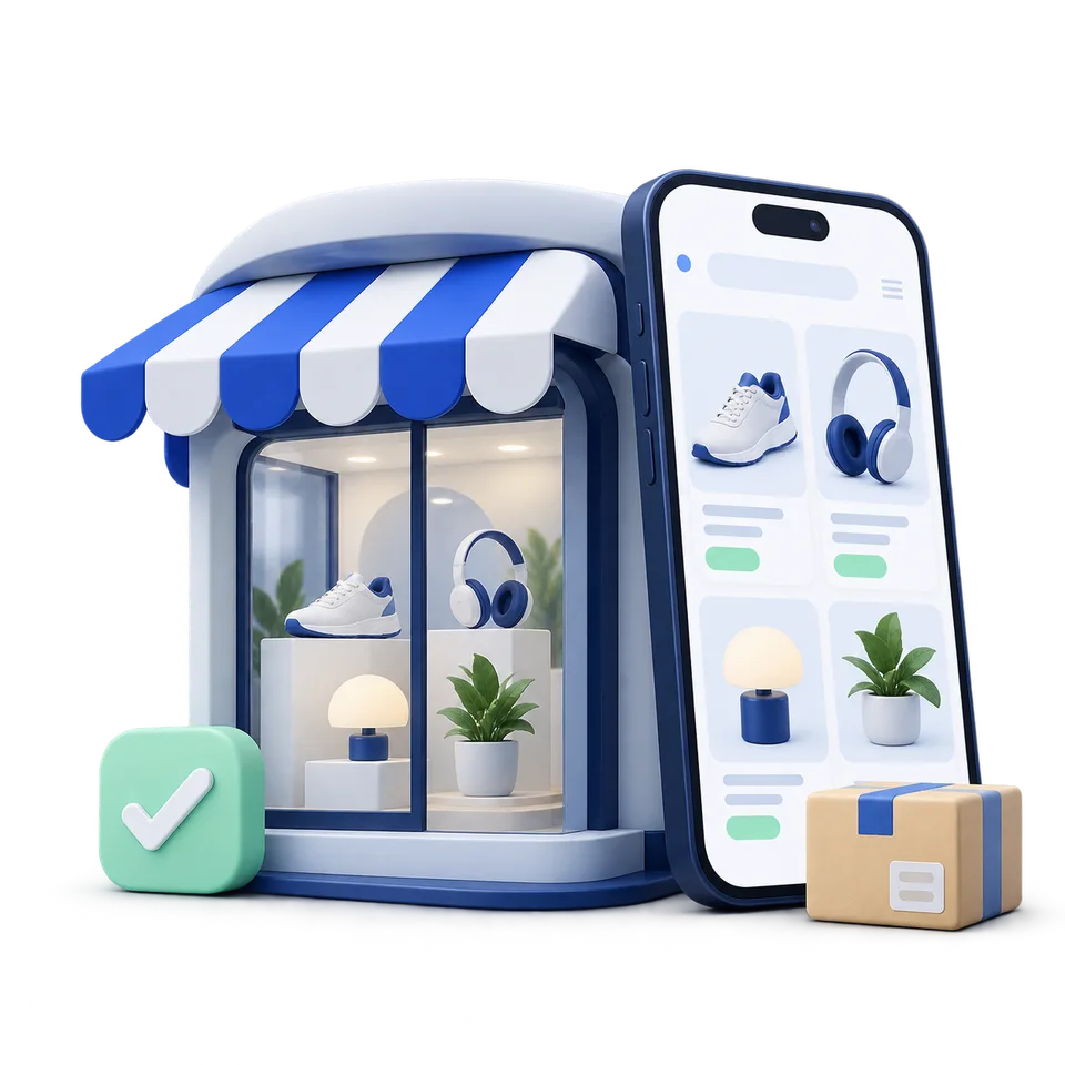 Ilustración 3D de una vidriera azul y un celular con un catálogo de productos